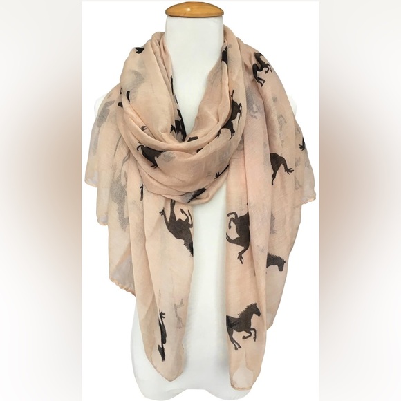 Accessories - Beige Loop Scarf with Black Running Horse Design